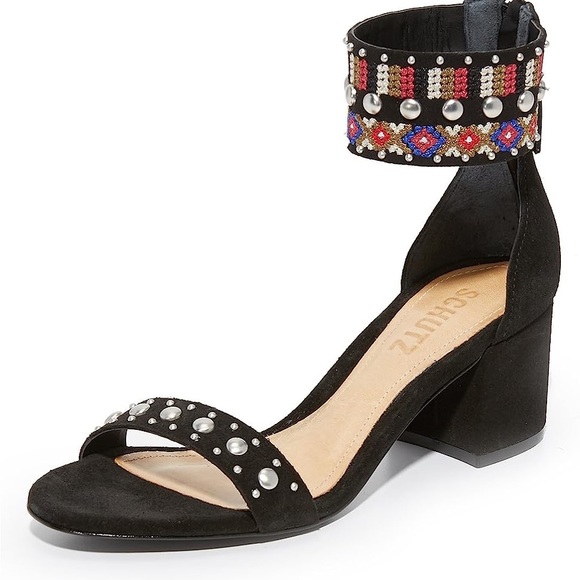 New Schutz Naharis Black Leather Embellished Dress Sandal with Block Heel Size 6 - Picture 1 of 5